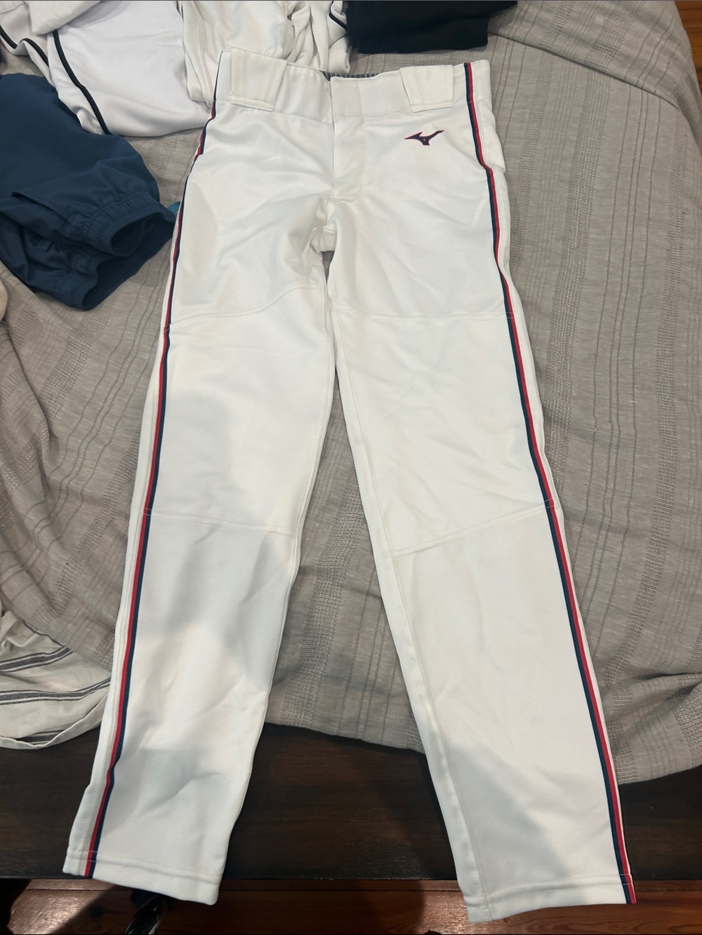 Mizuno White Athletic Baseball Pants with Red & Navy Side Stripes